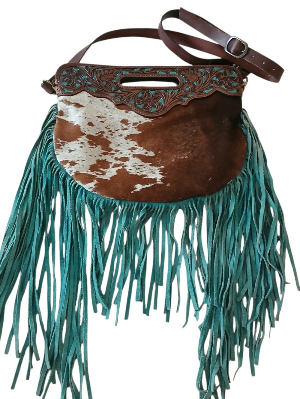 AMERICAN DARLING Western Fringe Cowhide Turquoise Brown Leather Hobo Crossbody